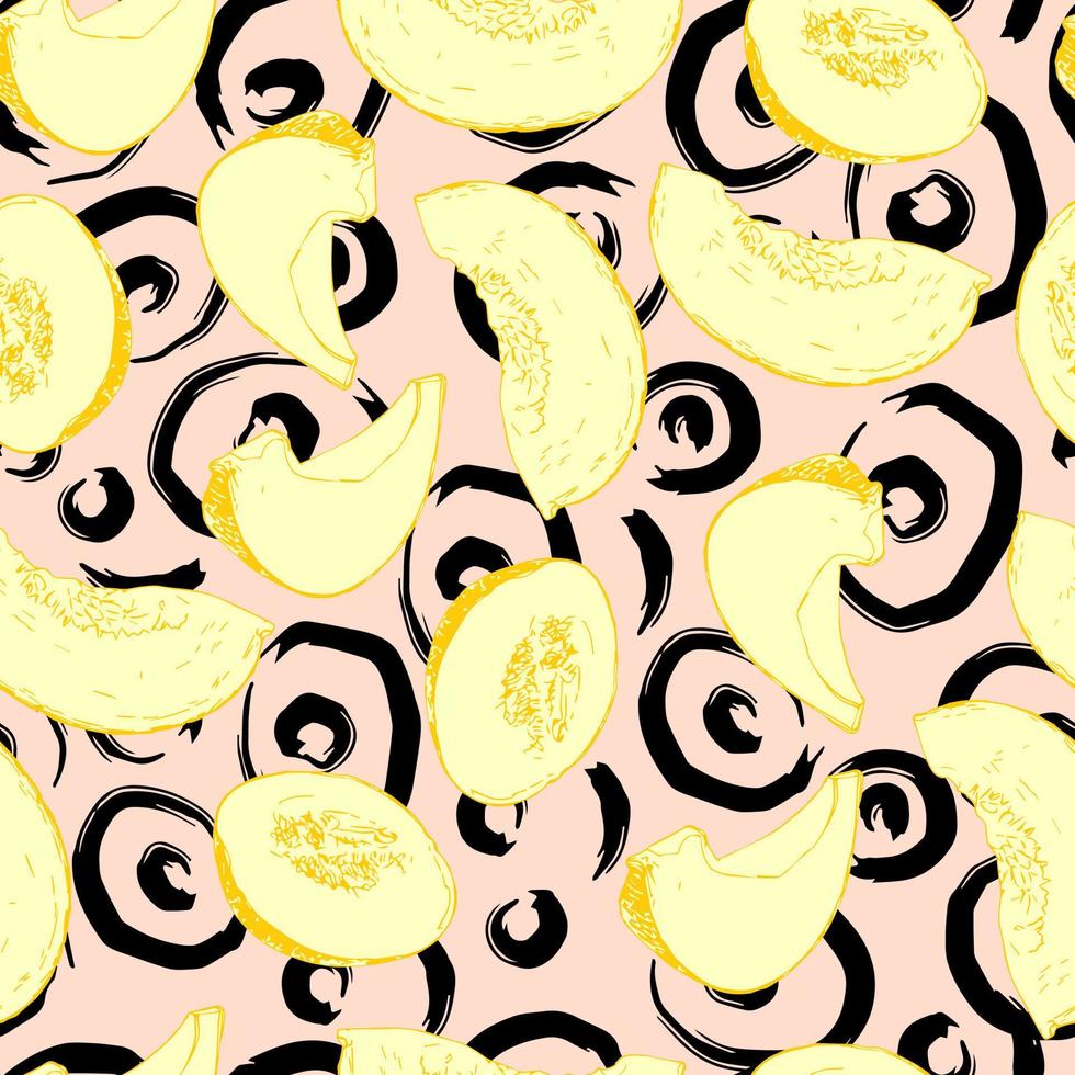 melon pieces and abstract circles brush strokes vector seamless pattern