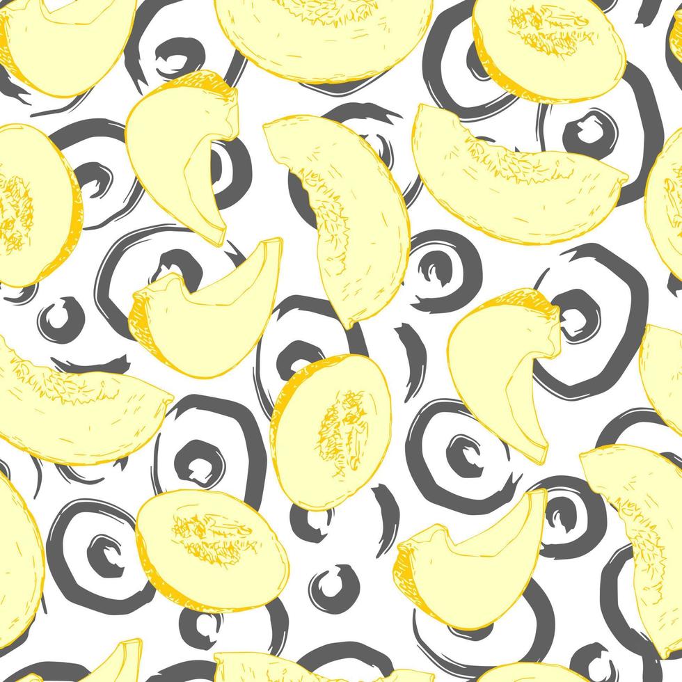 melon pieces and abstract circles brush strokes vector seamless pattern