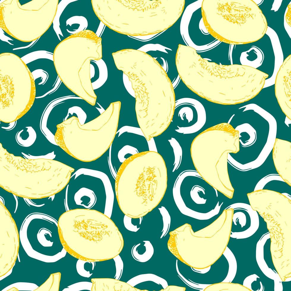 melon pieces and abstract circles brush strokes vector seamless pattern