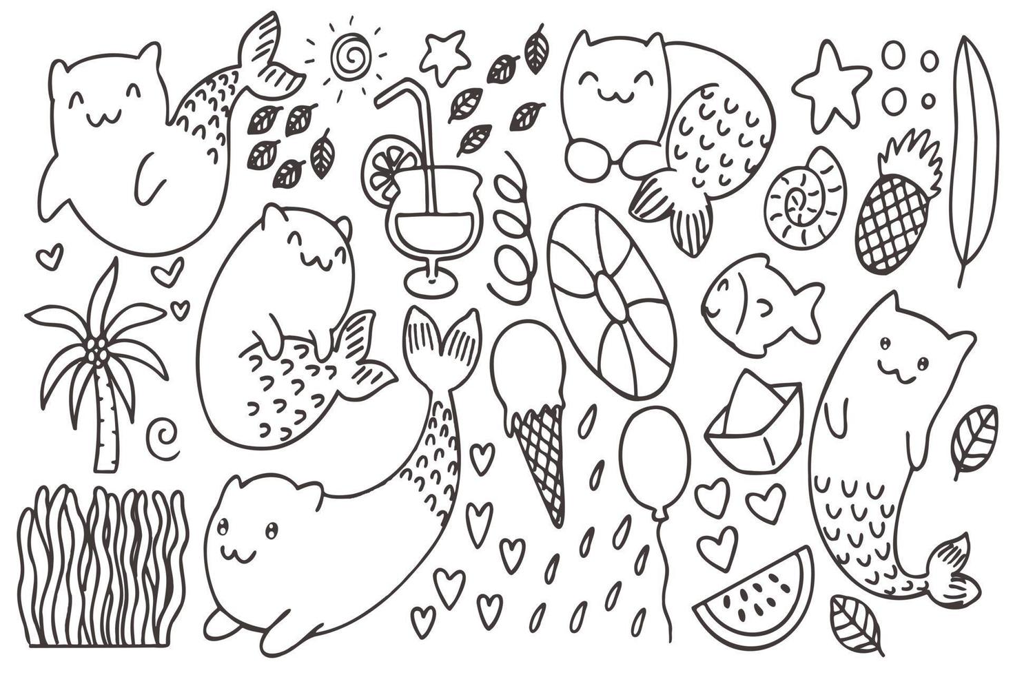 conjunto de sirena gato kawaii para arte de verano vector