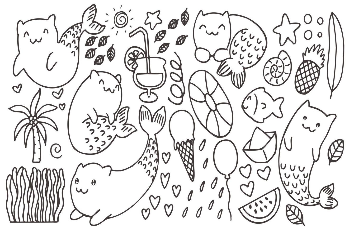 Set of kawaii cat mermaid for summer art vector