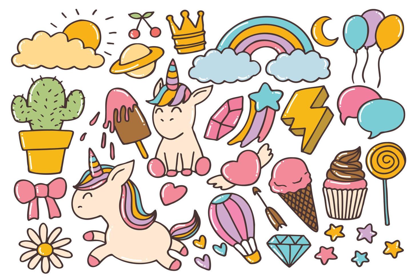 conjunto de lindos garabatos de unicornio vector