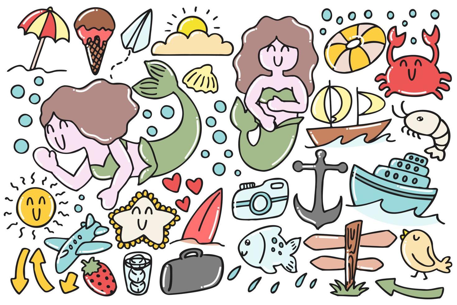 Set of cute summer doodles with mermaid vector