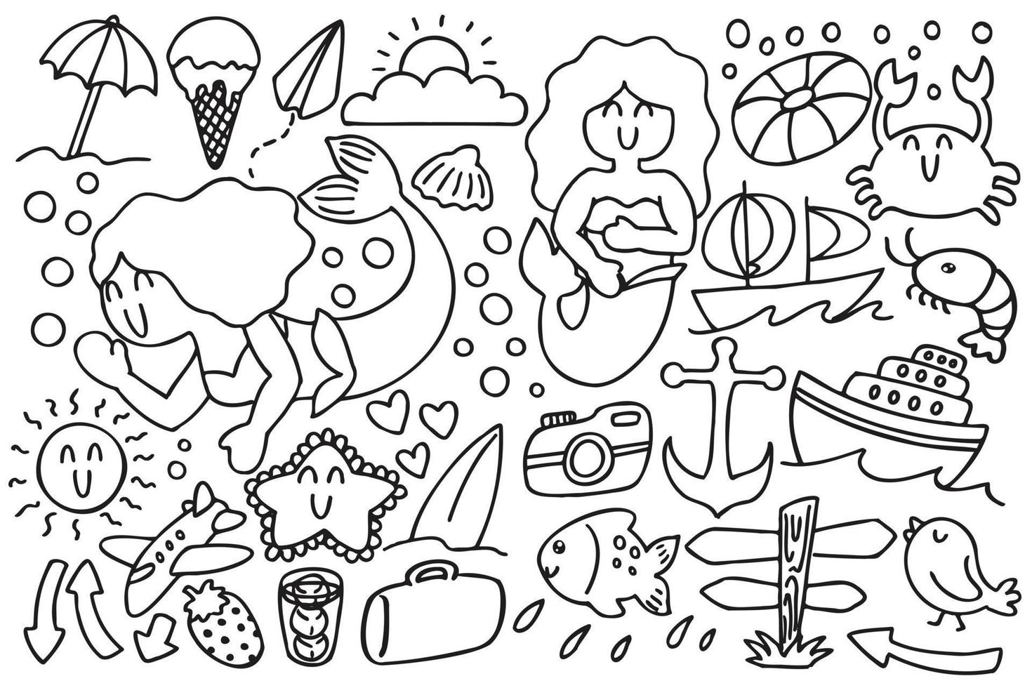 Set of cute summer doodles with mermaid vector