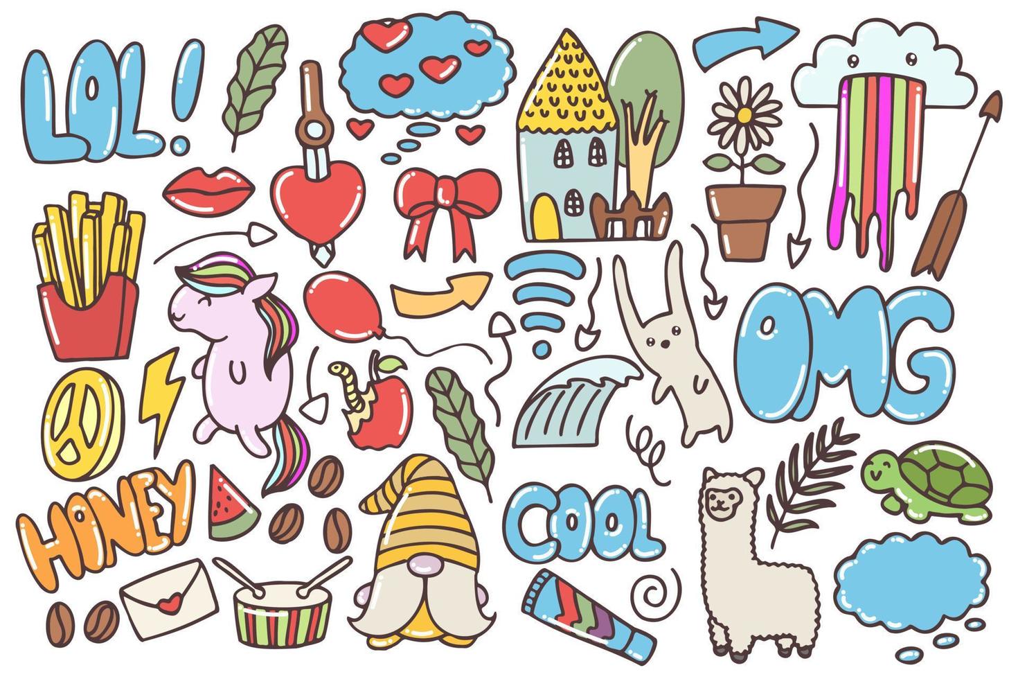 Set of various doodles art. Hand drawn, illustration, t shirt design, print art. vector