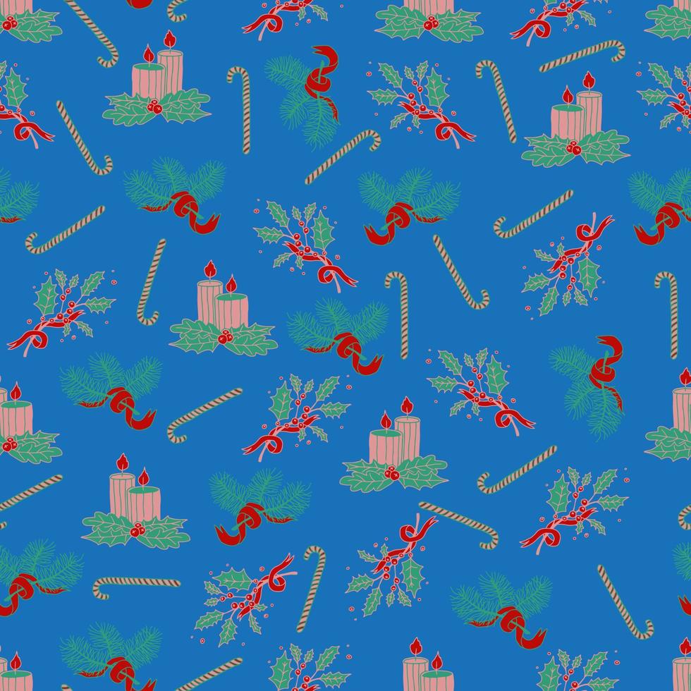 Christmas and New Year vector seamless pattern. Spruce branches decorated with Christmas candy canes lollipops.