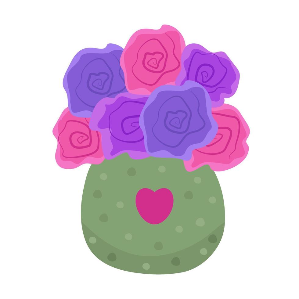 siete rosas de colores en un jarrón vector