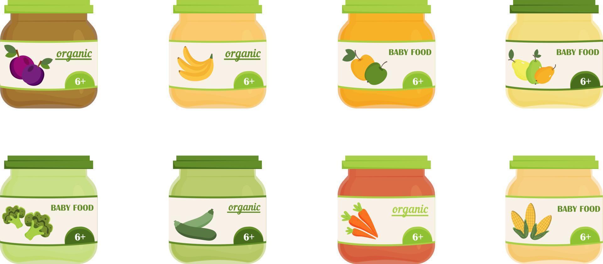 Set of glass jars with baby food. Fruit and vegetable puree for kids feeding. Baby food jars. Kids feeding products. Apple, pear, bannana, corn, carrot puree.Vector ilustration in flat style. vector