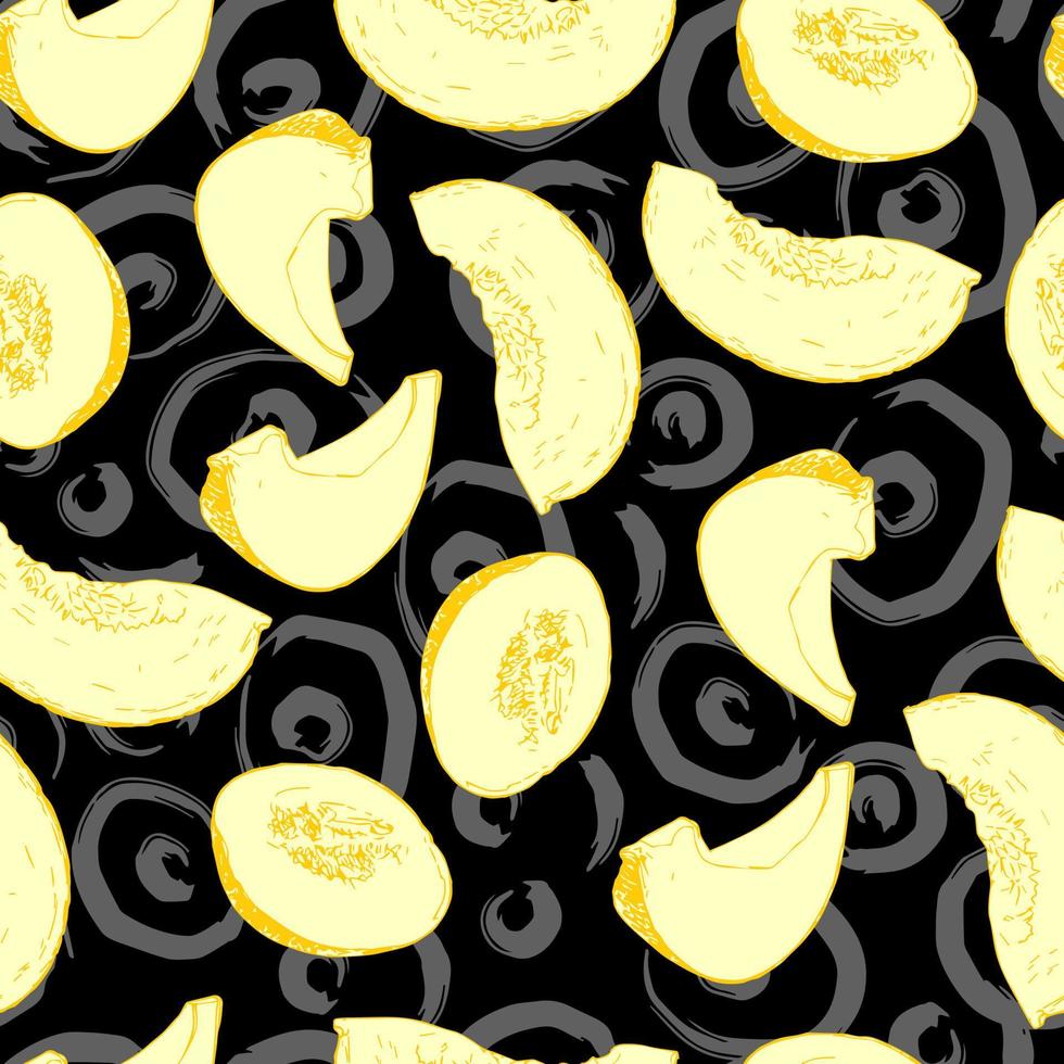 melon pieces and abstract circles brush strokes vector seamless pattern