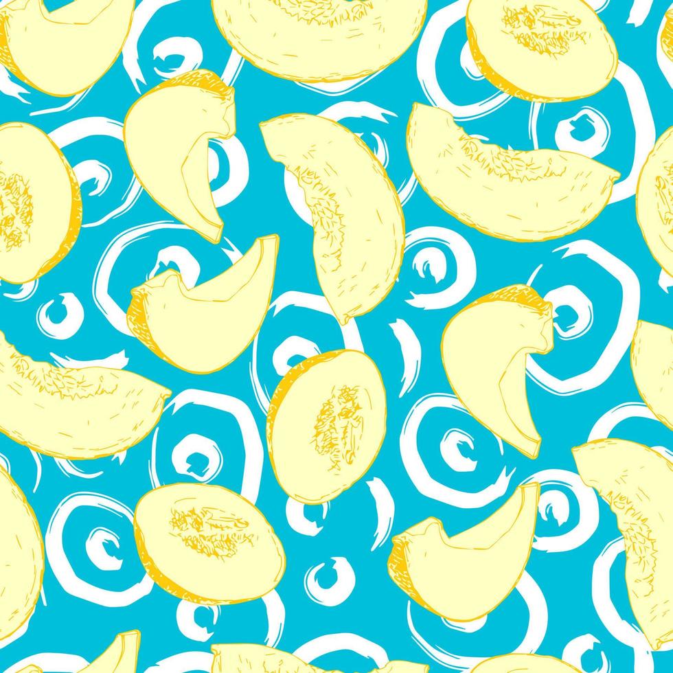 melon pieces and abstract circles brush strokes vector seamless pattern