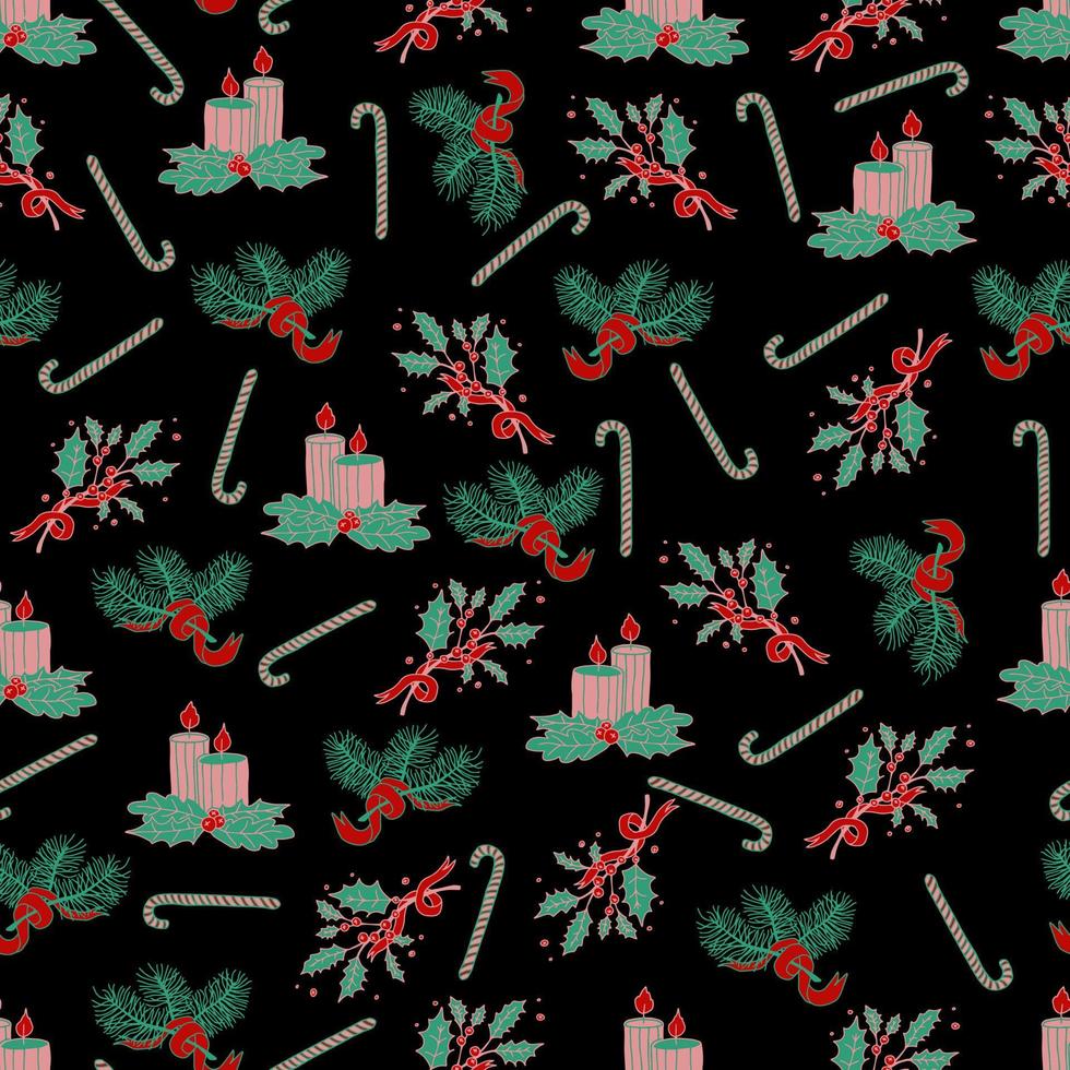 Christmas and New Year vector seamless pattern. Spruce branches decorated with Christmas candy canes lollipops.