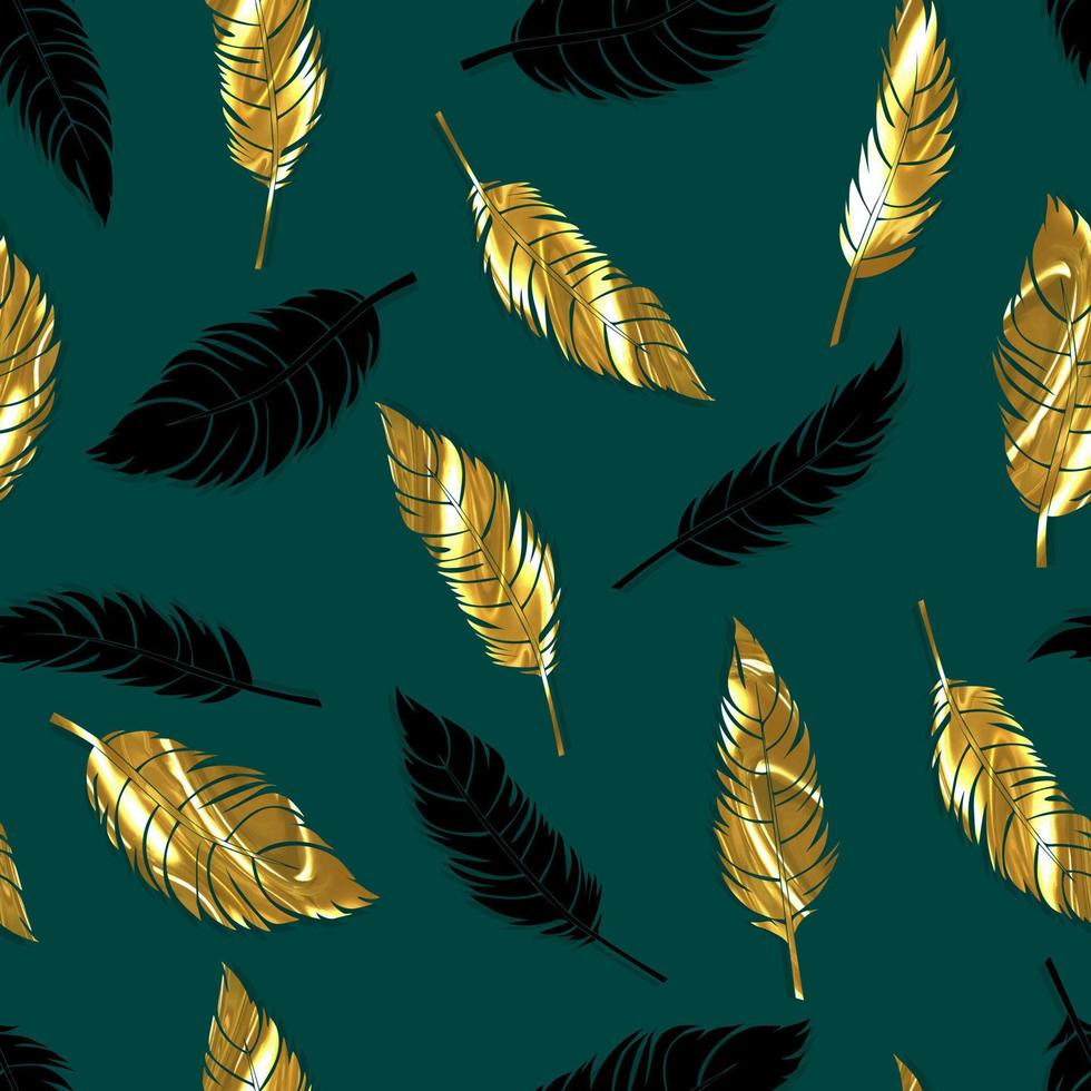 bird feathers vector seamless pattern with gold