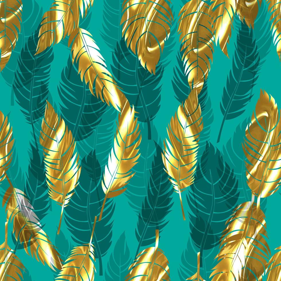 bird feathers vector seamless pattern with gold