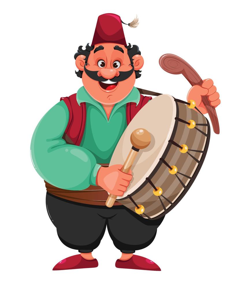 Ramadan Kareem. Funny cartoon character drummer vector