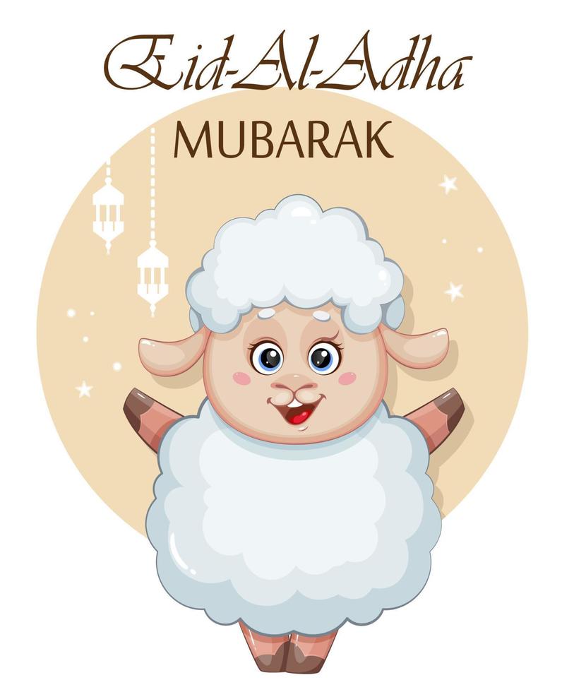 Eid al Adha Mubarak greeting card. Funny ram vector