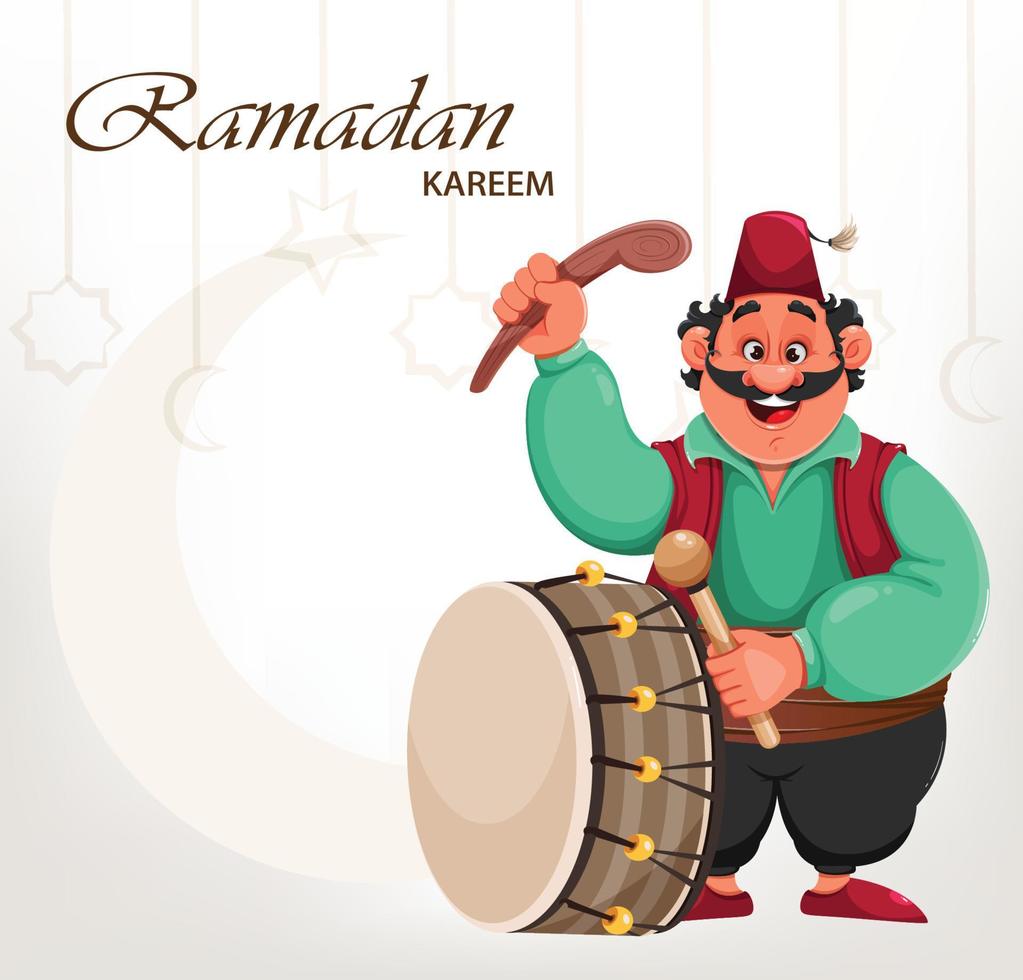 Ramadan Kareem. Funny cartoon character drummer vector