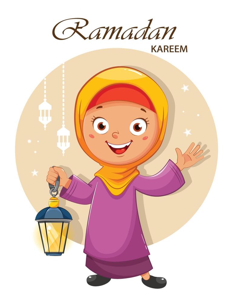 Ramadan Kareem. Cartoon Muslim girl vector