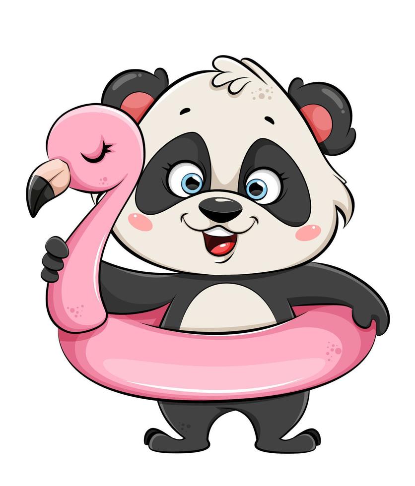 Cute Panda with pool inflatable flamingo vector