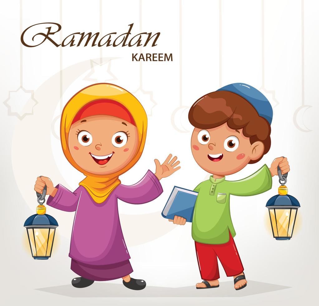 Ramadan Kareem. Cartoon Muslim boy and girl vector