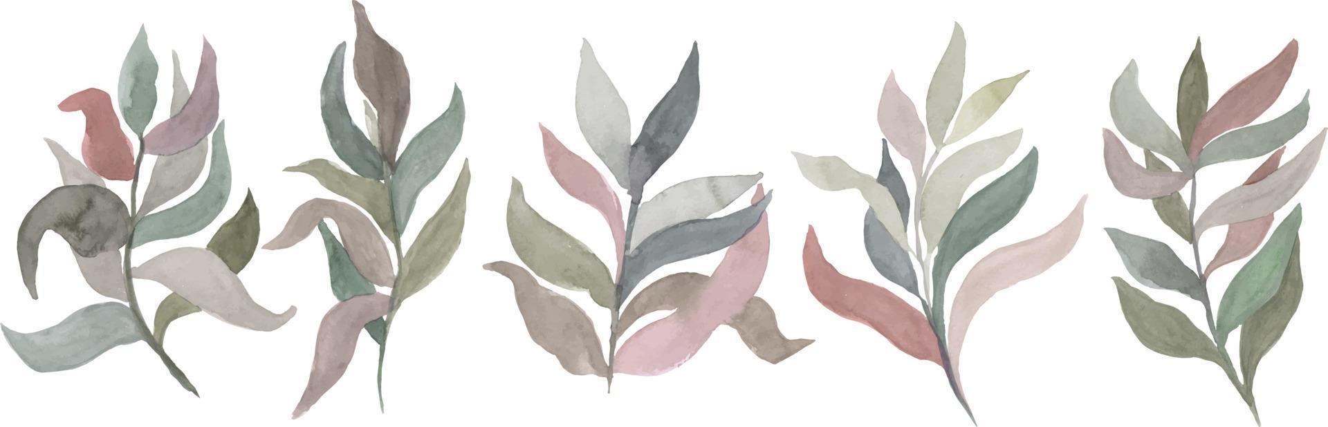 watercolor twigs with leaves of different colors vector isolated elements.