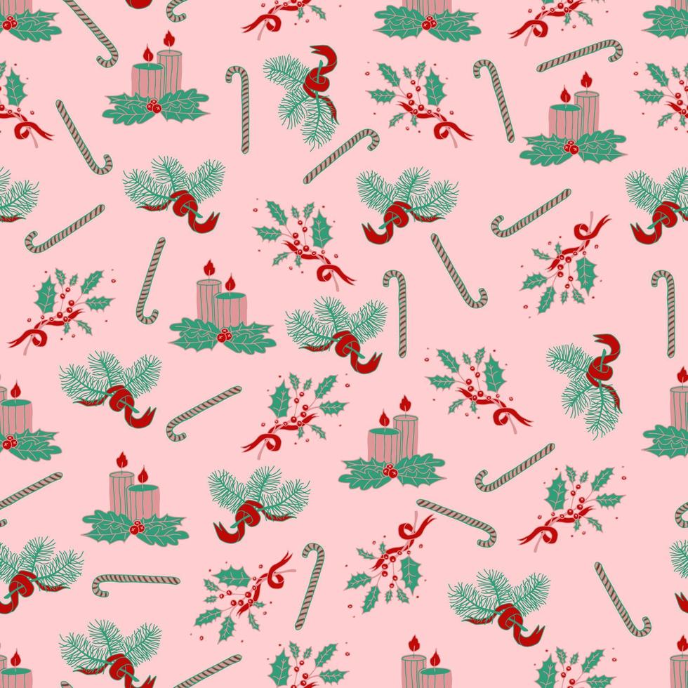 Christmas and New Year vector seamless pattern. Spruce branches decorated with Christmas candy canes lollipops.