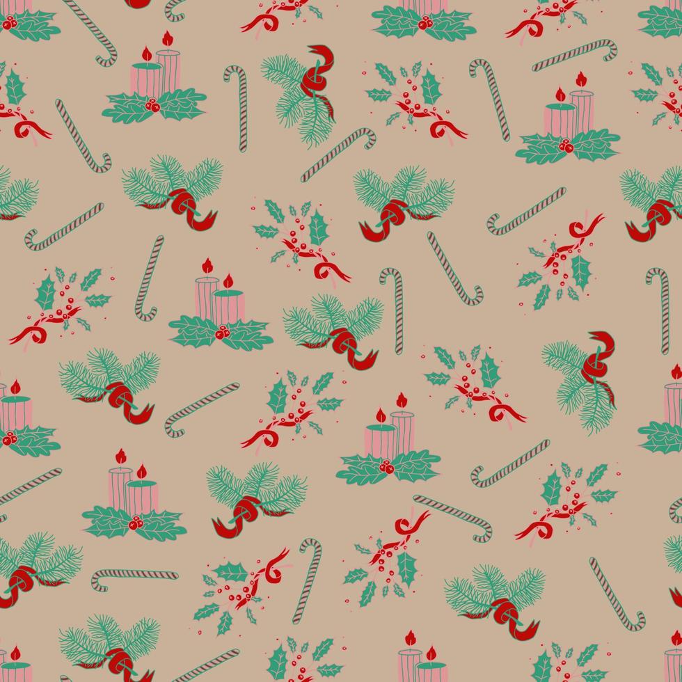 Christmas and New Year vector seamless pattern. Spruce branches decorated with Christmas candy canes lollipops.