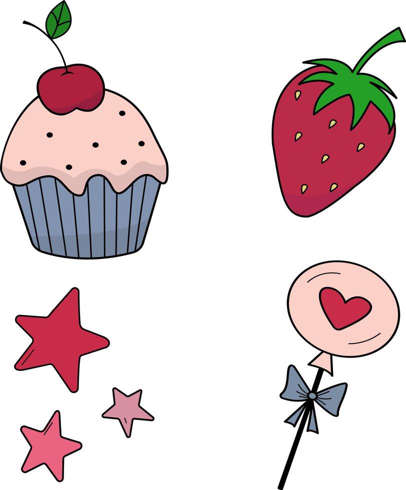 Cute set with cupcake, strawberries, stars on the theme of Valentine's Day, weddings, romantic events. Contour vector icons for websites and interfaces, mobile applications, icons, postcards.