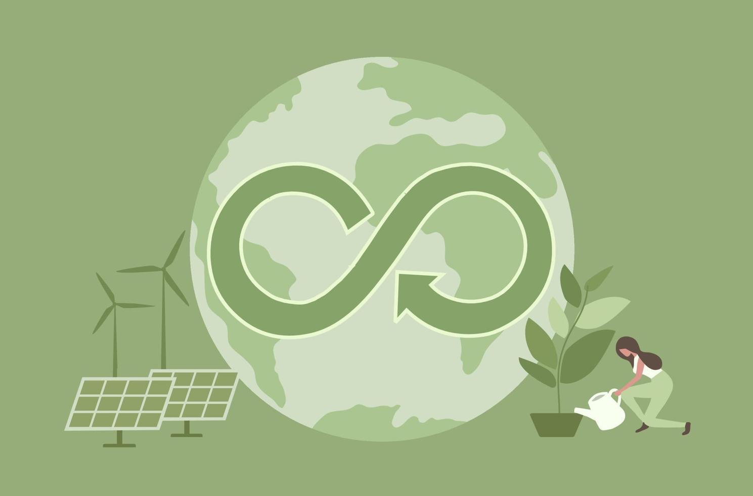 Circular economy concept, global with circular economy icon, wind turbines and solar panel. Sustainable strategy of eliminate waste, renewable and reuse natural resources vector illustration