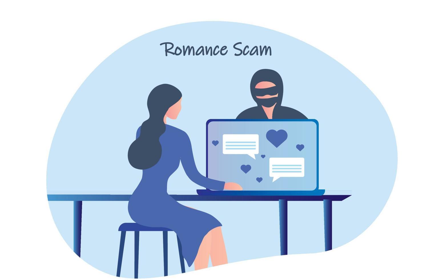 Romance scam, online dating scam, cyber crime concept, woman in love with scammer, hacker chatting online vector illustration