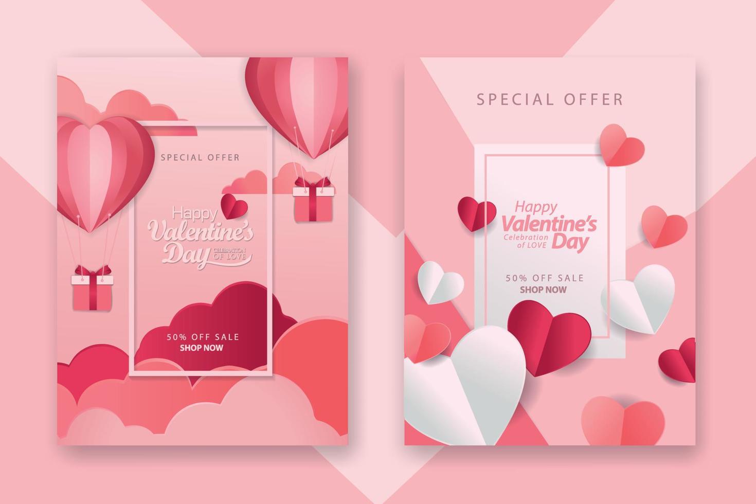 afiches conceptuales del día de san valentín con corazones de papel rojo 3d y rosa y marco sobre fondo geométrico. lindas pancartas de venta de amor o tarjetas de felicitación vector