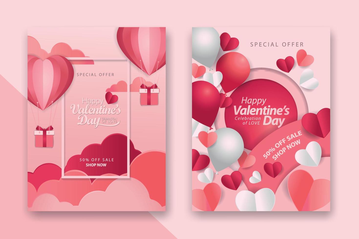 Valentine's day concept posters set with red 3d and pink paper hearts and frame on geometric background. Cute love sale banners or greeting cards vector