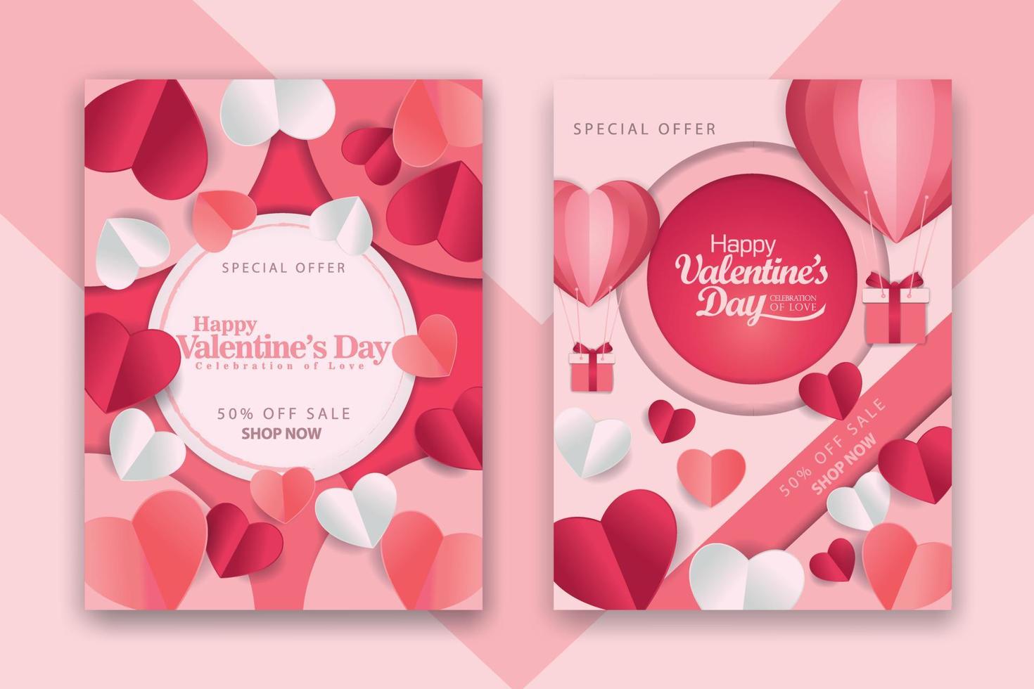 afiches conceptuales del día de san valentín con corazones de papel rojo 3d y rosa y marco sobre fondo geométrico. lindas pancartas de venta de amor o tarjetas de felicitación vector