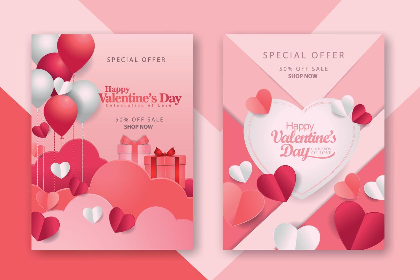 afiches conceptuales del día de san valentín con corazones de papel rojo 3d y rosa y marco sobre fondo geométrico. lindas pancartas de venta de amor o tarjetas de felicitación vector