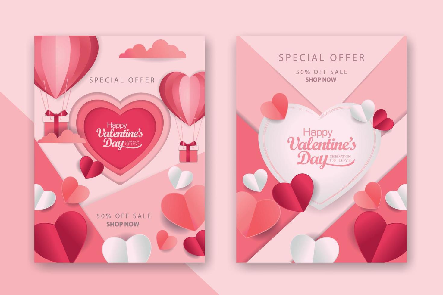 Valentine's day concept posters set with red 3d and pink paper hearts and frame on geometric background. Cute love sale banners or greeting cards vector