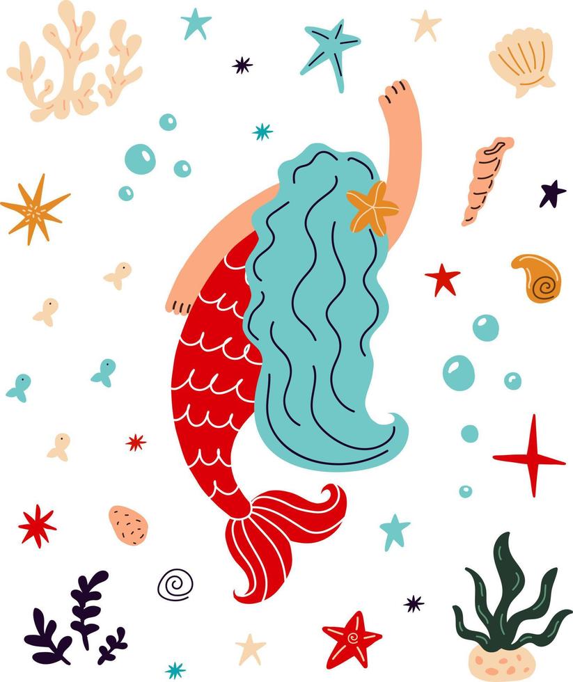 Cute Mermaid with blue hair and marine life.Vector cartoon illustration vector