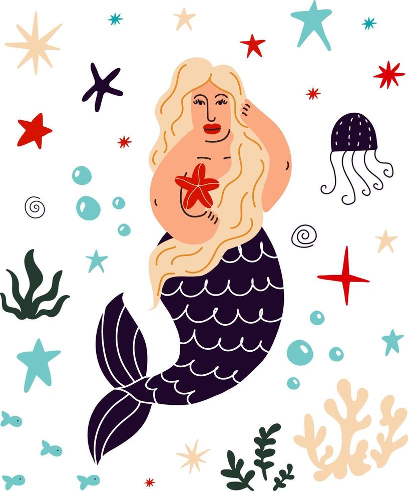 Mermaid with blonde hair and marine animals.Vector cartoon illustration vector