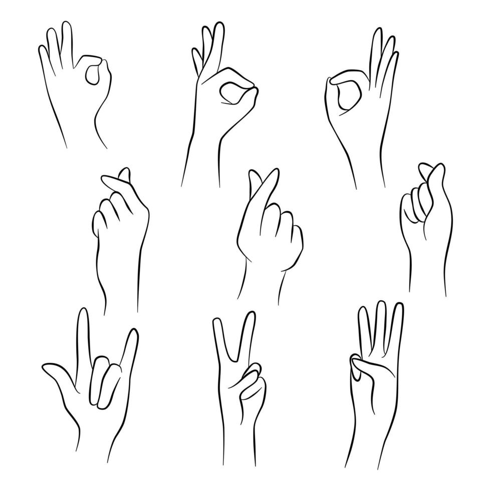 Hands set elements pose. Make a symbolic gesture ok, mini heart, point. Vector illustration.