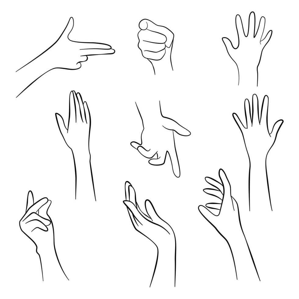 Hands set elements pose. Make a symbolic gesture gun, spread out hand, point, flick your finger, giving blessing. Vector illustration.