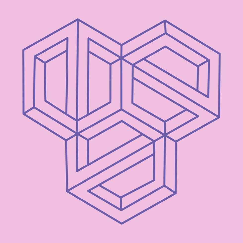 Optical illusion logo. Impossible shapes. Sacred geometry figures. Abstract eternal geometric objects. Impossible endless outline shape. Optical art. Impossible geometry shape on a pink background. vector