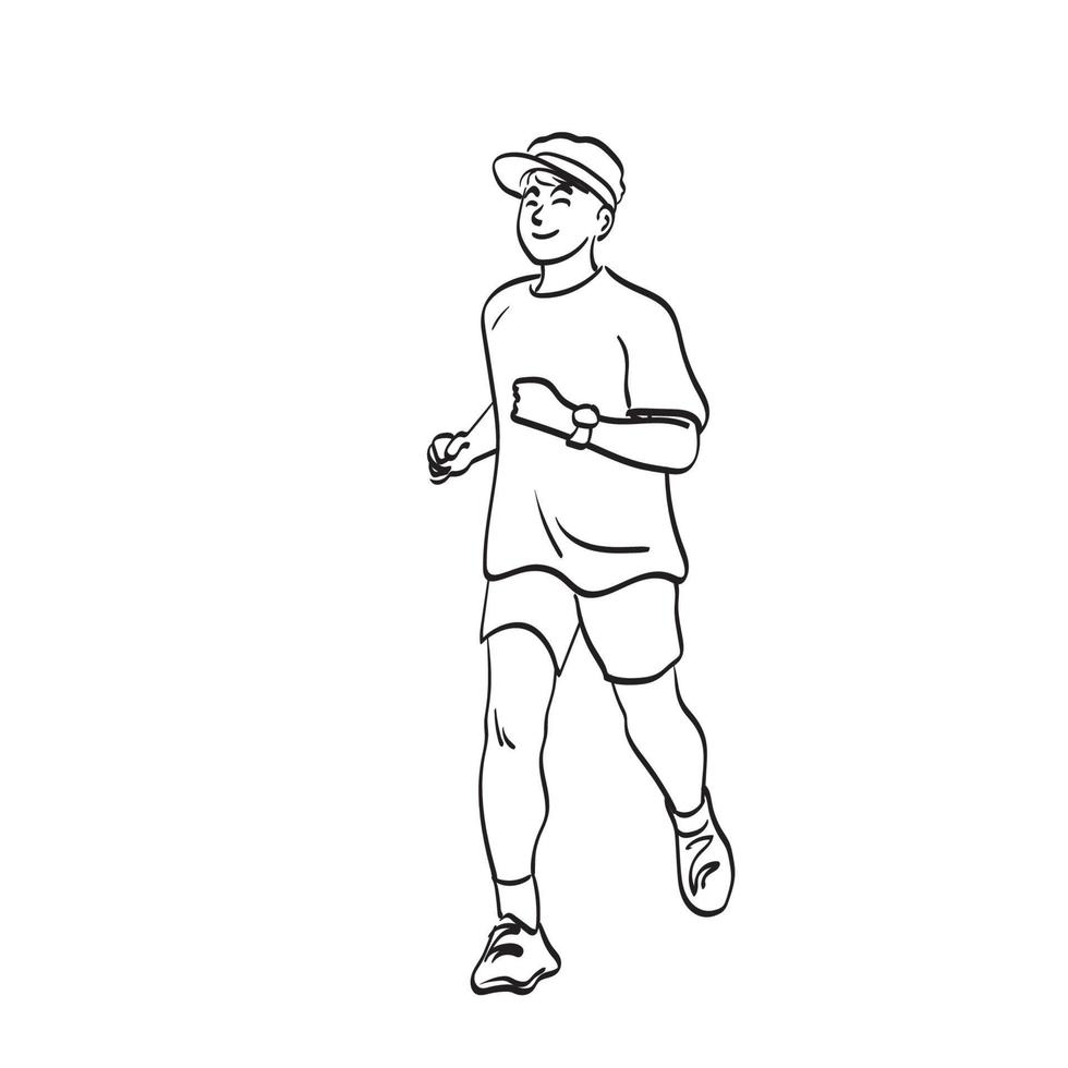 arte de línea hombre sonriente con gorra corriendo ilustración vector dibujado a mano aislado sobre fondo blanco