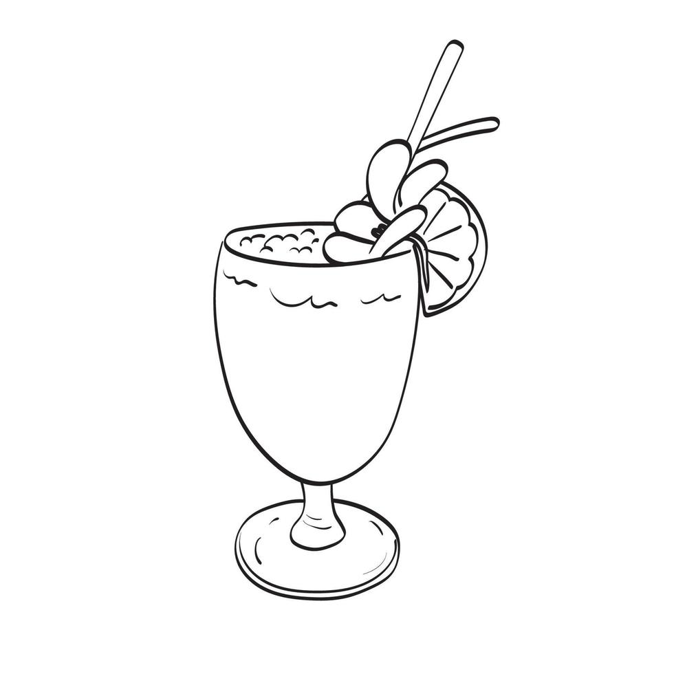 deliciosa bebida refrescante con limón y orquídea ilustración vector dibujado a mano aislado en el arte de línea de fondo blanco.