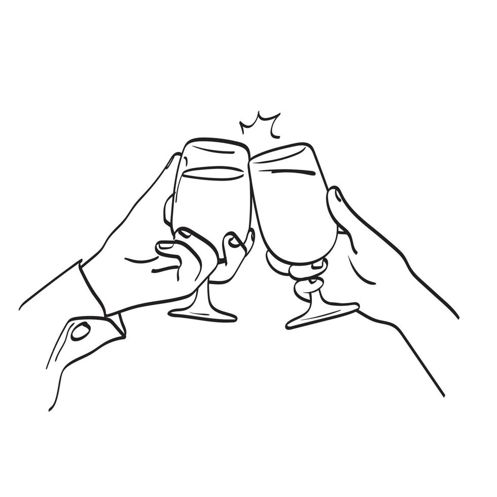 line art closeup couple with glasses of red wine having date in restaurant, making toast for love illustration vector hand drawn isolated on white background