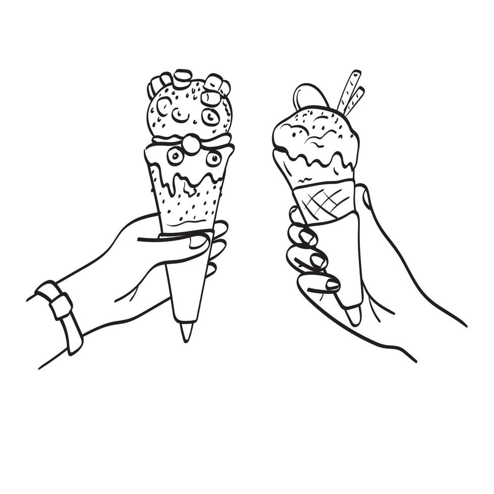 closeup  hands holding melting ice cream waffle cone illustration vector hand drawn isolated on white background line art.