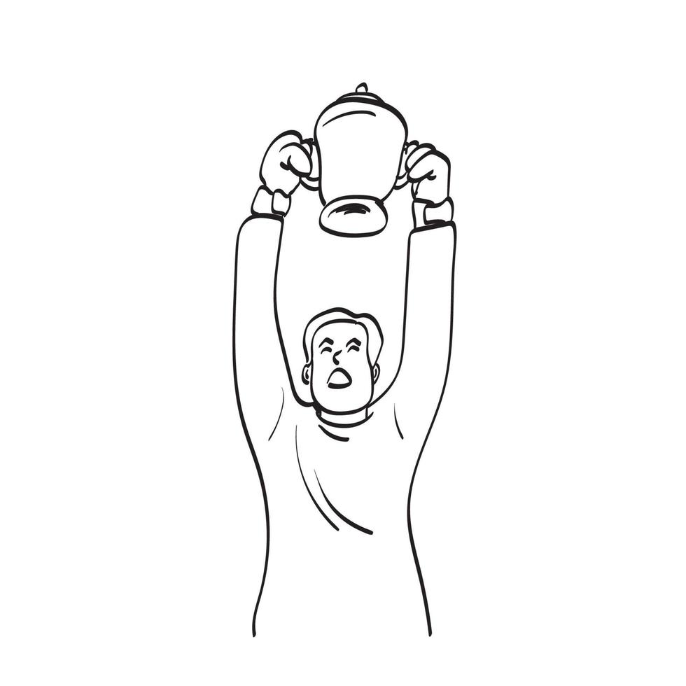 línea arte portero sosteniendo trofeo ilustración vector dibujado a mano aislado sobre fondo blanco