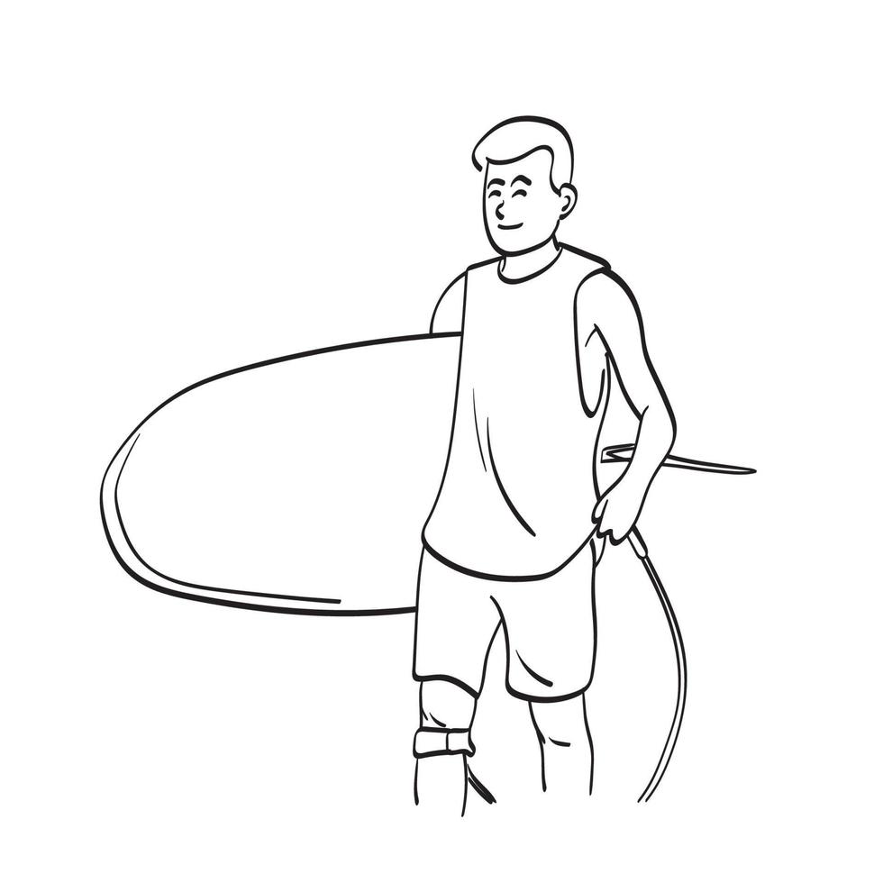 arte de línea de media longitud de hombre sonriente sosteniendo tabla de surf ilustración vector dibujado a mano aislado sobre fondo blanco