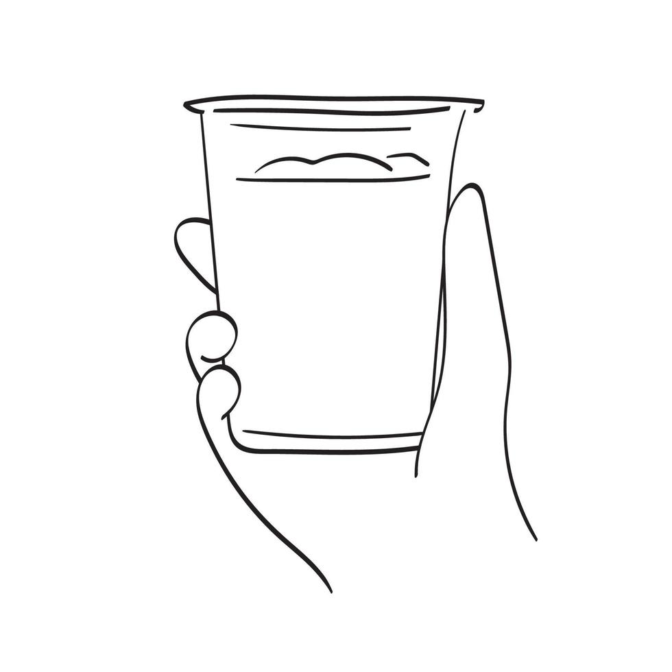 closeup hand holding iced coffee illustration vector hand drawn isolated on white background line art.