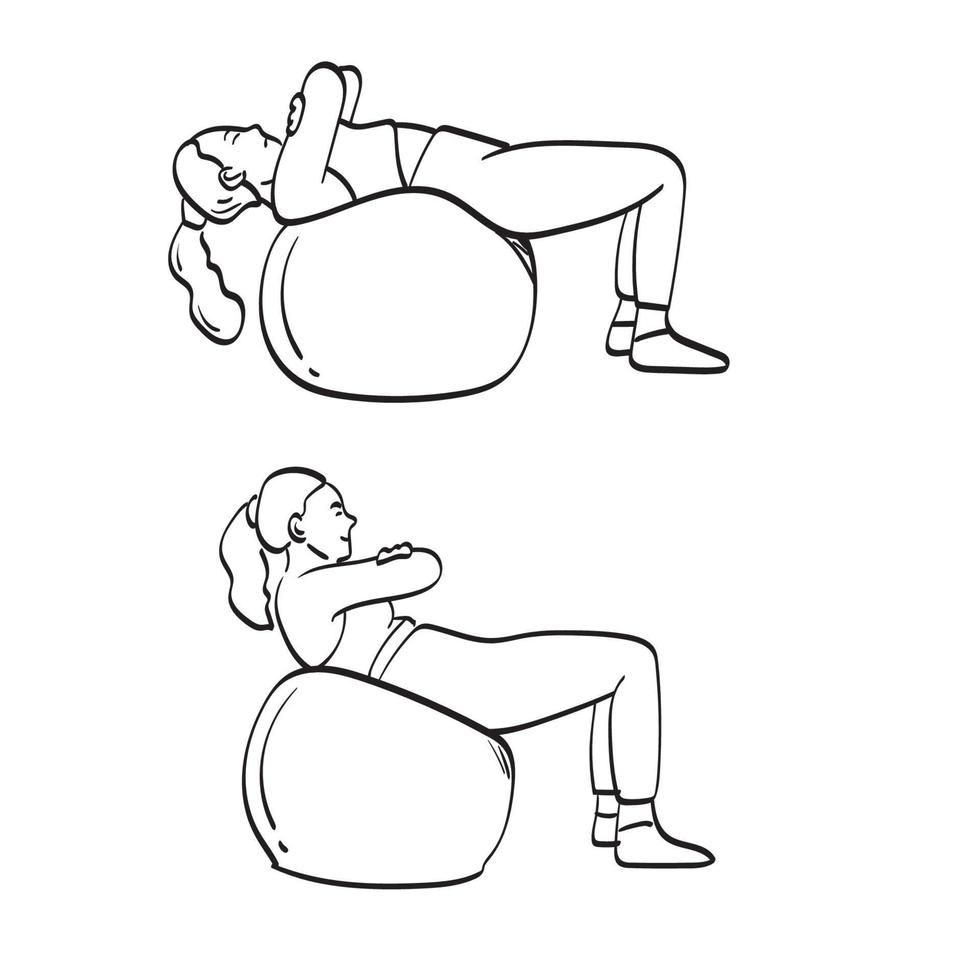 mujer sonriente flexionando los músculos abdominales con la ilustración vectorial de la pelota de ejercicio dibujada a mano aislada en el arte de línea de fondo blanco. vector