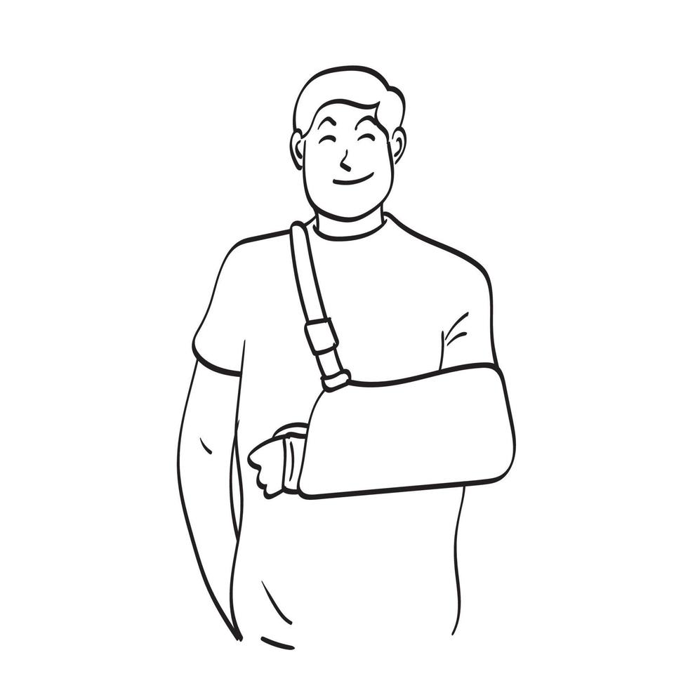 man with a broken arm wearing an arm splint illustration vector hand drawn isolated on white background line art.