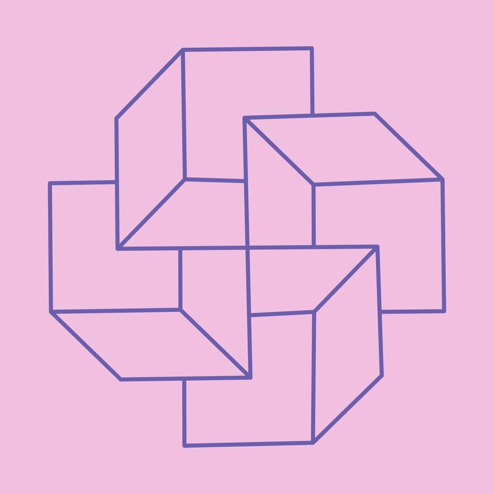 Impossible shapes. Sacred geometry. Optical illusion figure. Abstract eternal geometric objects. Impossible endless outline shape. Optical art. Impossible geometry shape on a pink background. vector