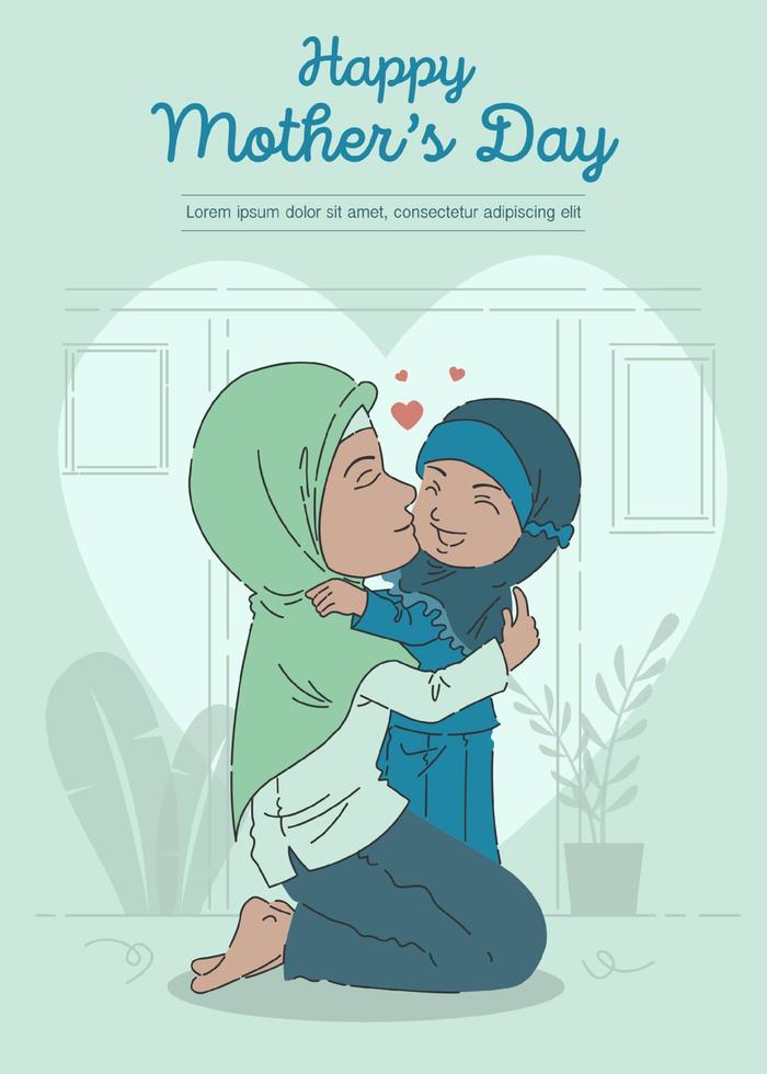 Indonesian Muslim mother hugging her daughter vector